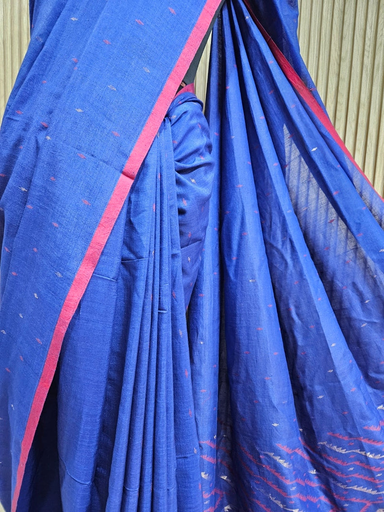 Blue & Red Soft Handloom Handwoven Tussar Silk Jamdani Saree Balaram Saha