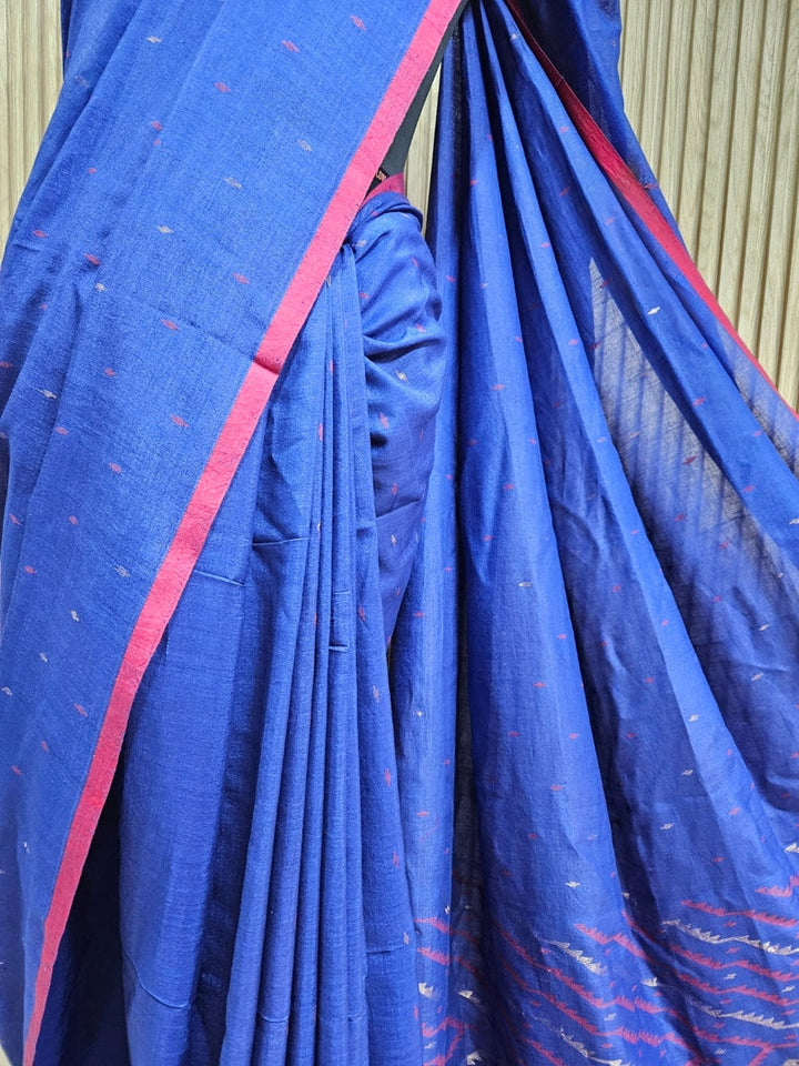 Blue & Red Soft Handloom Handwoven Tussar Silk Jamdani Saree Balaram Saha
