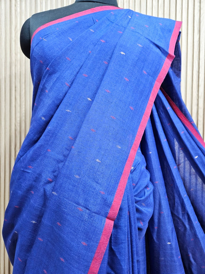 Blue & Red Soft Handloom Handwoven Tussar Silk Jamdani Saree Balaram Saha