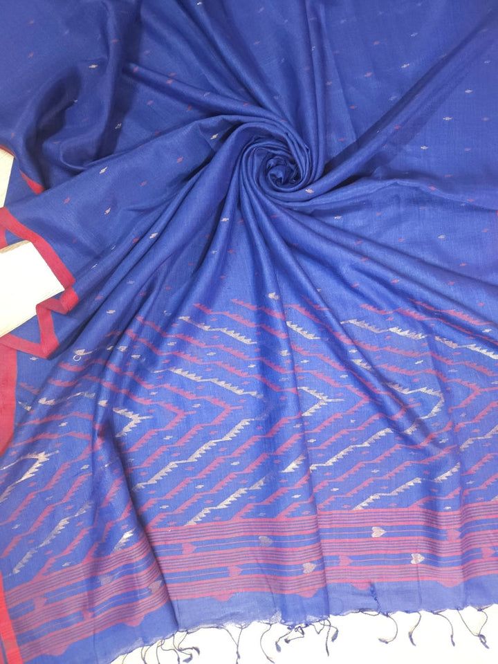Blue & Red Soft Handloom Handwoven Tussar Silk Jamdani Saree Balaram Saha