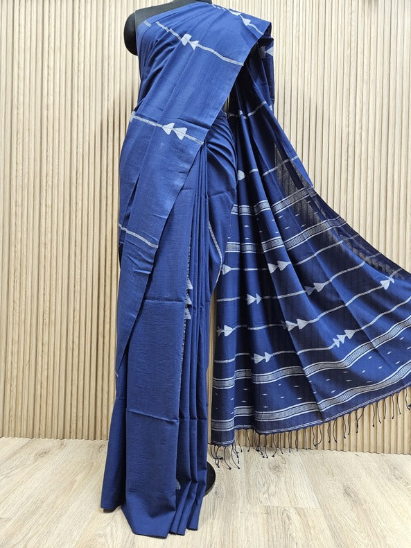 Indigo & White Handspun Handwoven Cotton Jamdani Saree Balaram Saha