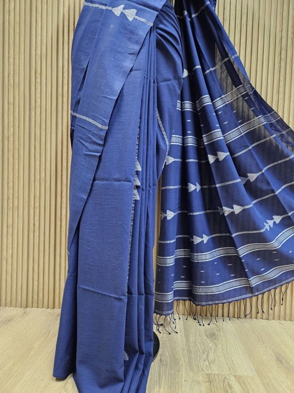 Indigo & White Handspun Handwoven Cotton Jamdani Saree Balaram Saha