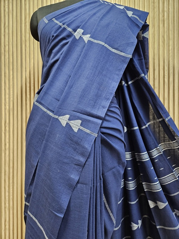 Indigo & White Handspun Handwoven Cotton Jamdani Saree Balaram Saha