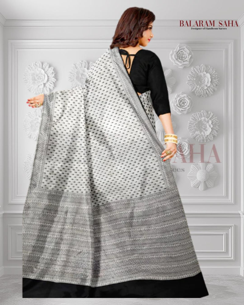 Hand-Block Perfection: Balaram Saha's White & Black Bishnupuri Katan Silk Saree - (handloom saree, silk saree, handloom silk saree, balaram saha online, silk sarees, balaram saha handloom saree store, silk handloom saree, bengal handloom sarees, pure silk, Katan silk saree, silk saree online, Katan silk)    https://www.gofundme.com/