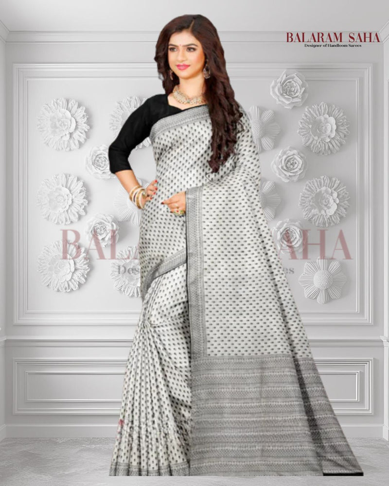 Hand-Block Perfection: Balaram Saha's White & Black Bishnupuri Katan Silk Saree - (handloom saree, silk saree, handloom silk saree, balaram saha online, silk sarees, balaram saha handloom saree store, silk handloom saree, bengal handloom sarees, pure silk, Katan silk saree, silk saree online, Katan silk)    https://id.wikipedia.org/wiki/Halaman_Utama