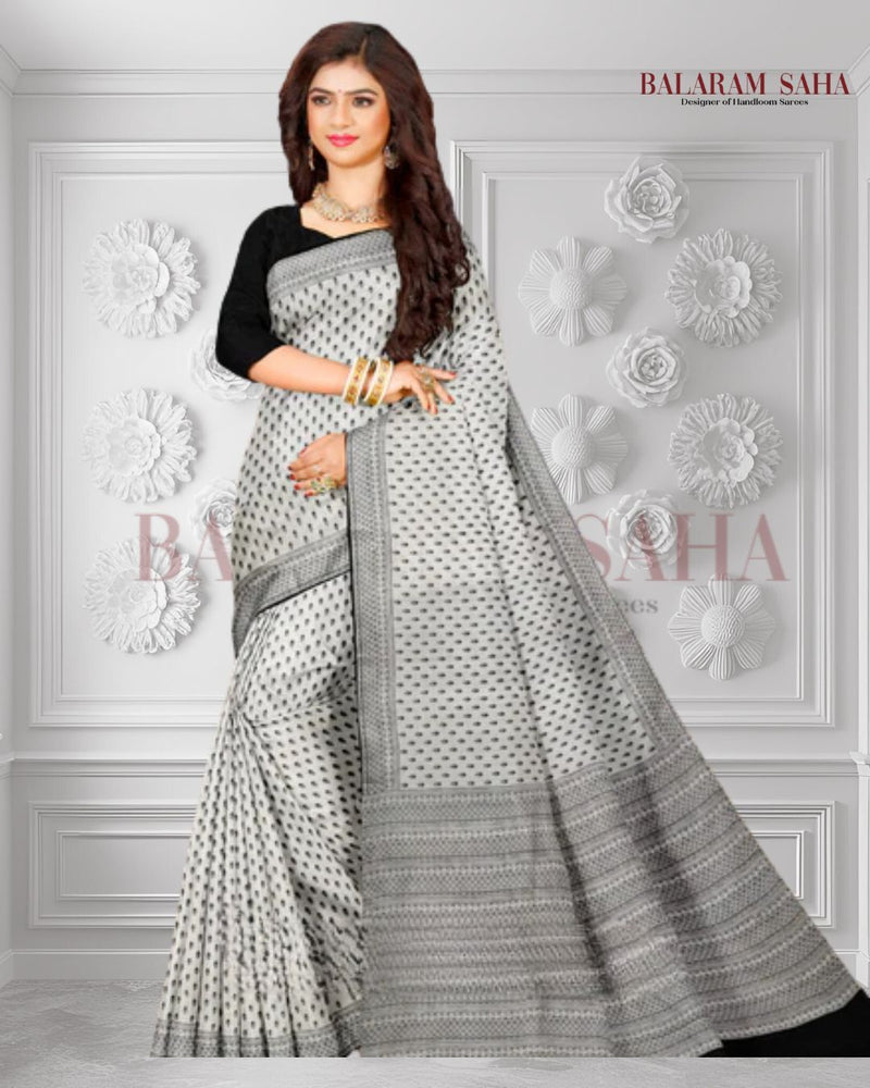 Hand-Block Perfection: Balaram Saha's White & Black Bishnupuri Katan Silk Saree - (handloom saree, silk saree, handloom silk saree, balaram saha online, silk sarees, balaram saha handloom saree store, silk handloom saree, bengal handloom sarees, pure silk, Katan silk saree, silk saree online, Katan silk)   https://www.trustpilot.com/