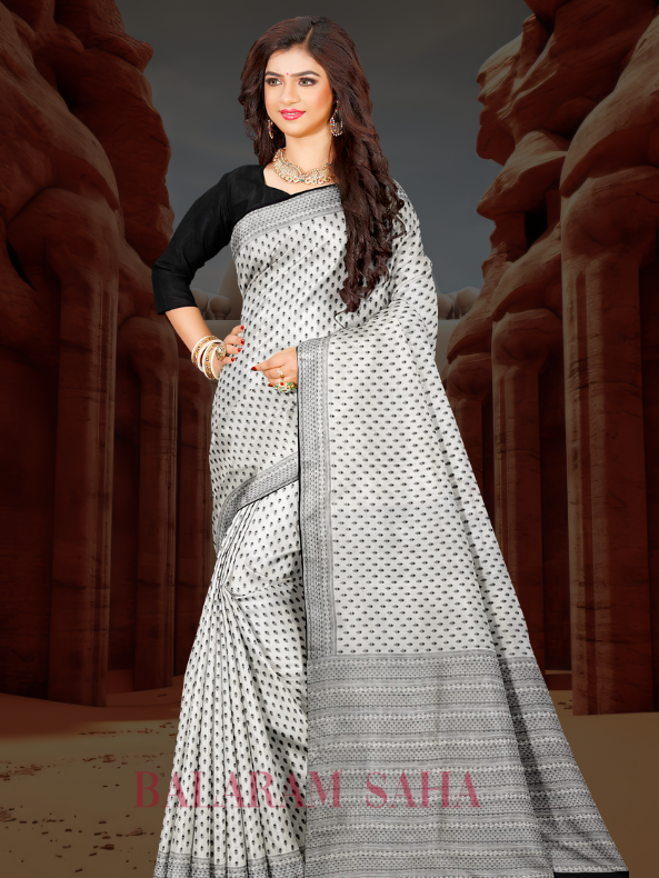 Hand-Block Perfection: Balaram Saha's White & Black Bishnupuri Katan Silk Saree - (handloom saree, silk saree, handloom silk saree, balaram saha online, silk sarees, balaram saha handloom saree store, silk handloom saree, bengal handloom sarees, pure silk, Katan silk saree, silk saree online, Katan silk)    https://id.wikipedia.org/wiki/Halaman_Utama