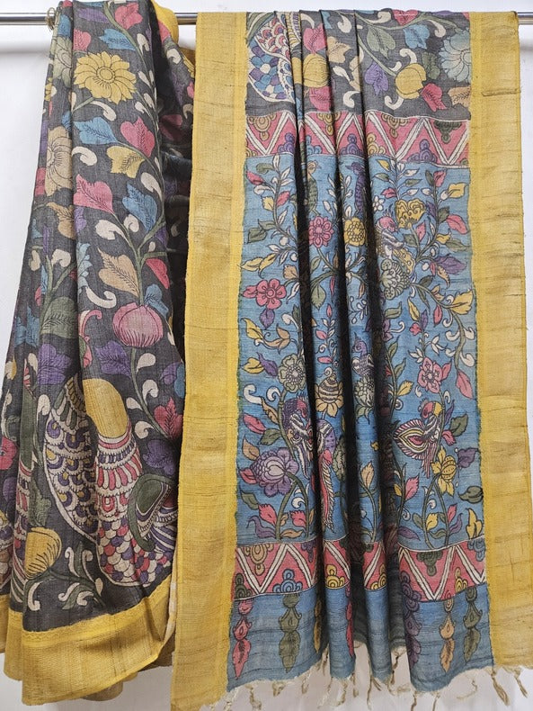 Charcoal Black Handloom Tussar Silk Kalamkari Saree By Balaram Saha Balaram Saha