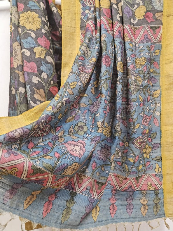 Charcoal Black Handloom Tussar Silk Kalamkari Saree By Balaram Saha Balaram Saha