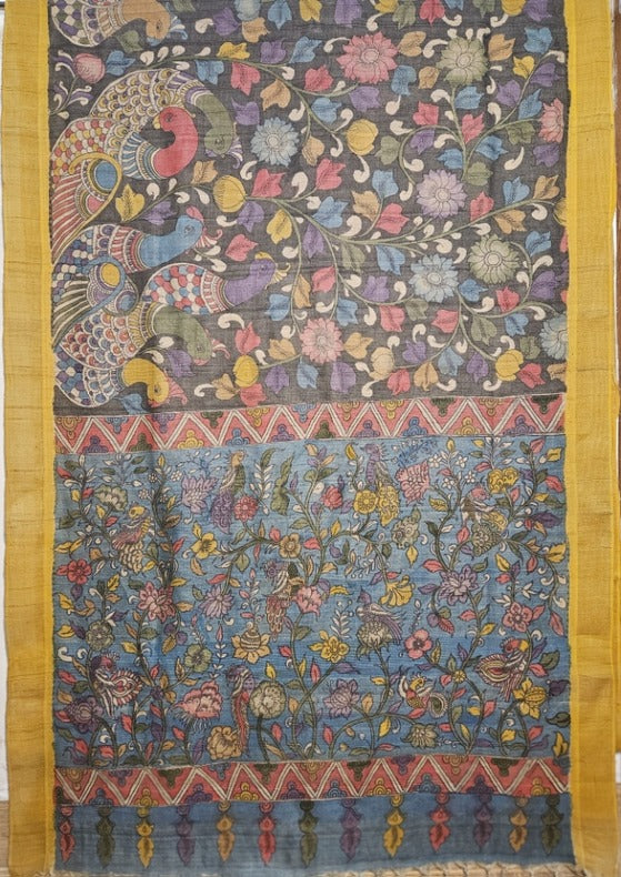 Charcoal Black Handloom Tussar Silk Kalamkari Saree By Balaram Saha Balaram Saha