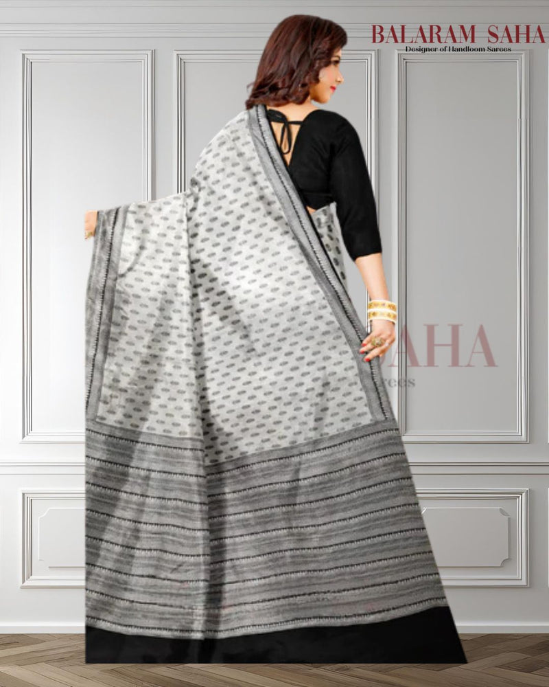 Hand Block Charm: Balaram Saha's Elegant Black & White Bishnupuri Katan Silk Saree - (handloom saree, silk saree, handloom silk saree, balaram saha online, silk sarees, balaram saha handloom saree store, silk handloom saree, bengal handloom sarees, pure silk, Katan silk saree, silk saree online, Katan silk)     https://www.surveymonkey.com/