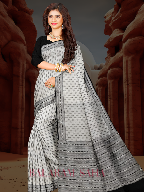 Hand Block Charm: Balaram Saha's Elegant Black & White Bishnupuri Katan Silk Saree - (handloom saree, silk saree, handloom silk saree, balaram saha online, silk sarees, balaram saha handloom saree store, silk handloom saree, bengal handloom sarees, pure silk, Katan silk saree, silk saree online, Katan silk)   https://www.rtve.es/