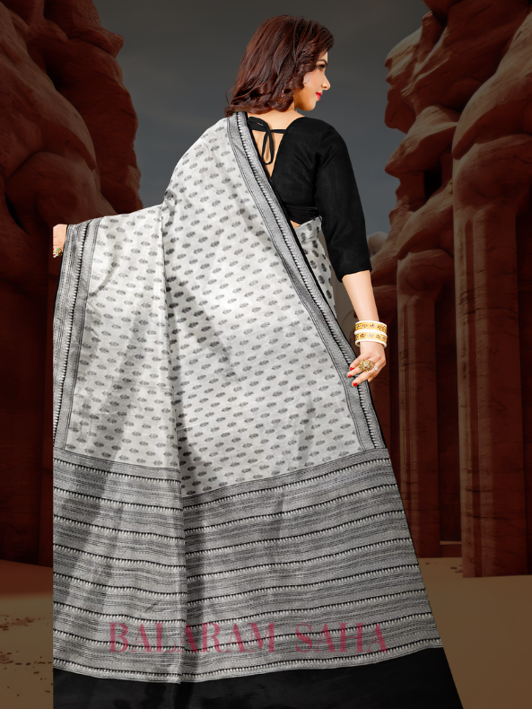 Hand Block Charm: Balaram Saha's Elegant Black & White Bishnupuri Katan Silk Saree - (handloom saree, silk saree, handloom silk saree, balaram saha online, silk sarees, balaram saha handloom saree store, silk handloom saree, bengal handloom sarees, pure silk, Katan silk saree, silk saree online, Katan silk)     https://www.surveymonkey.com/