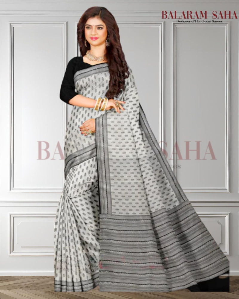Hand Block Charm: Balaram Saha's Elegant Black & White Bishnupuri Katan Silk Saree - (handloom saree, silk saree, handloom silk saree, balaram saha online, silk sarees, balaram saha handloom saree store, silk handloom saree, bengal handloom sarees, pure silk, Katan silk saree, silk saree online, Katan silk)   https://www.rtve.es/