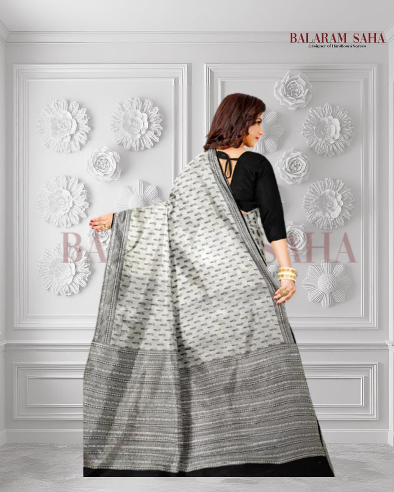 Hand Block Magic: Balaram Saha's White & Black Bishnupuri Silk Saree - (handloom saree, silk saree, handloom silk saree, balaram saha online, silk sarees, balaram saha handloom saree store, silk handloom saree, bengal handloom sarees, pure silk, Katan silk saree, silk saree online, Katan silk)  https://www.namebright.com/