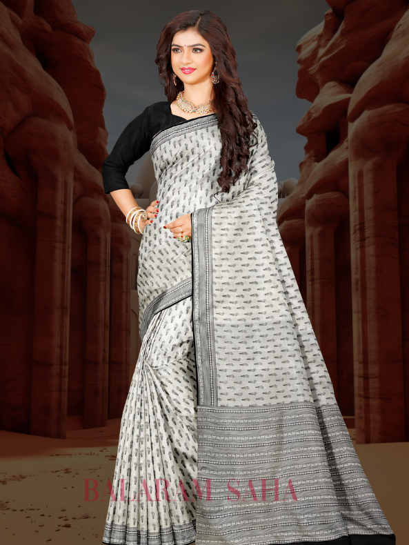 Hand Block Magic: Balaram Saha's White & Black Bishnupuri Silk Saree - (handloom saree, silk saree, handloom silk saree, balaram saha online, silk sarees, balaram saha handloom saree store, silk handloom saree, bengal handloom sarees, pure silk, Katan silk saree, silk saree online, Katan silk)     https://mega.io/