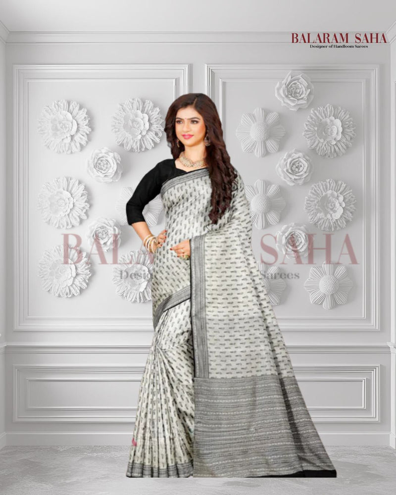 Hand Block Magic: Balaram Saha's White & Black Bishnupuri Silk Saree - (handloom saree, silk saree, handloom silk saree, balaram saha online, silk sarees, balaram saha handloom saree store, silk handloom saree, bengal handloom sarees, pure silk, Katan silk saree, silk saree online, Katan silk)     https://mega.io/