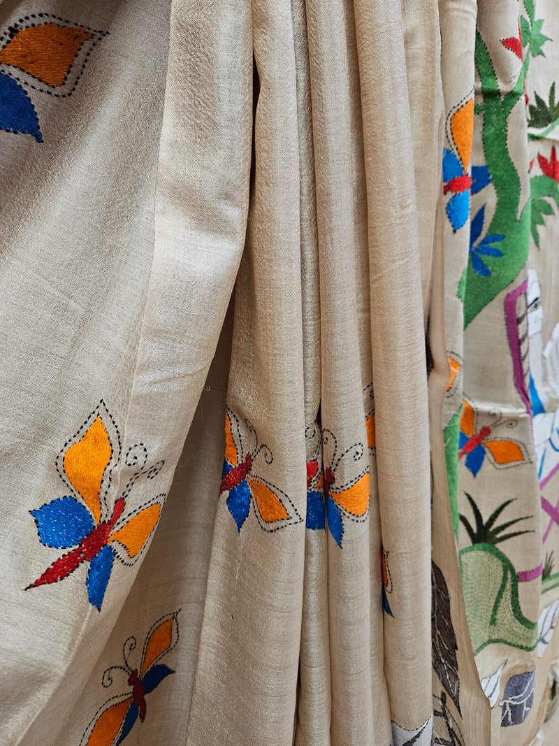 Handcrafted Elegance: Multicolor Gachhi Kantha Tussar Silk Saree (handloom saree, silk saree, handloom silk saree, balaram saha online, silk sarees, balaram saha handloom saree store photos, balaram saha handloom saree store, silk handloom saree, bengal handloom sarees, pure silk, tussar silk saree, tussar silk)