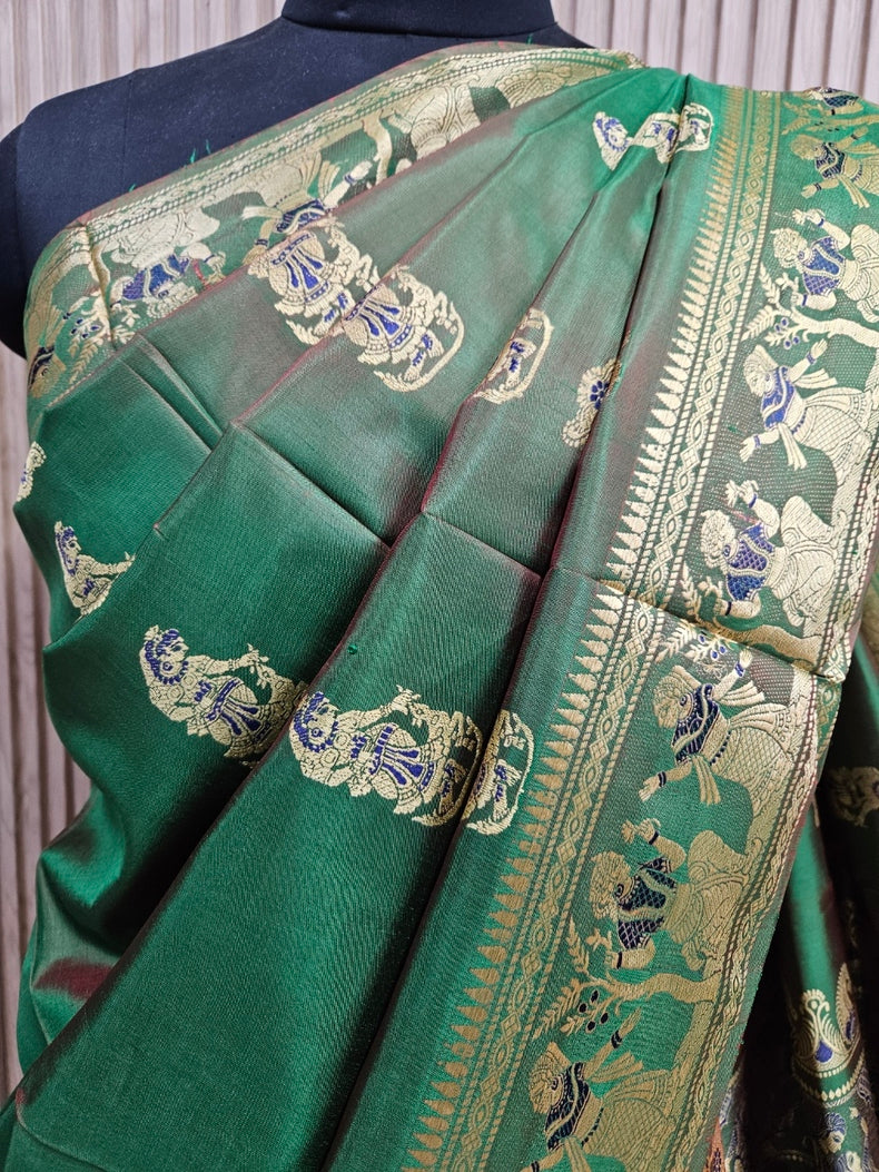 Silk Baluchuri Saree – Pure Bishnupuri Katan Silk in Emerald Green & Beige Balaram Saha