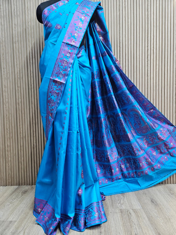 Silk Baluchuri Saree – Pure Bishnupuri Katan Silk in Turquoise Blue & Purple Balaram Saha