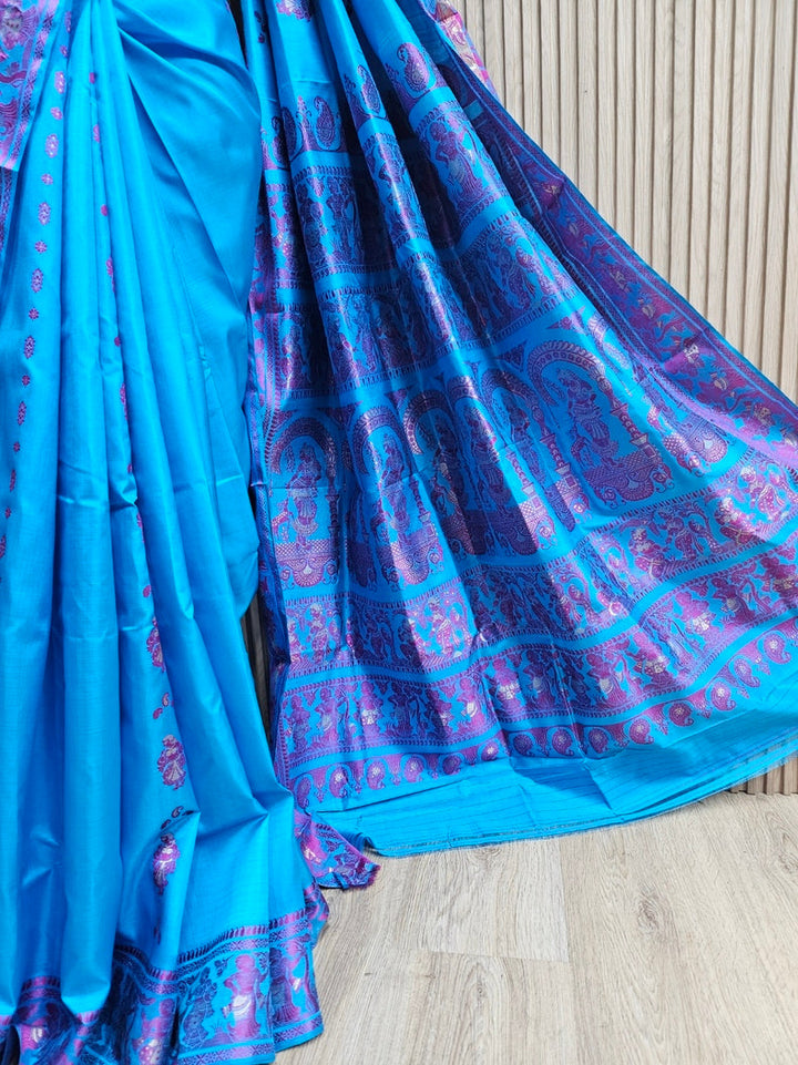 Silk Baluchuri Saree – Pure Bishnupuri Katan Silk in Turquoise Blue & Purple Balaram Saha