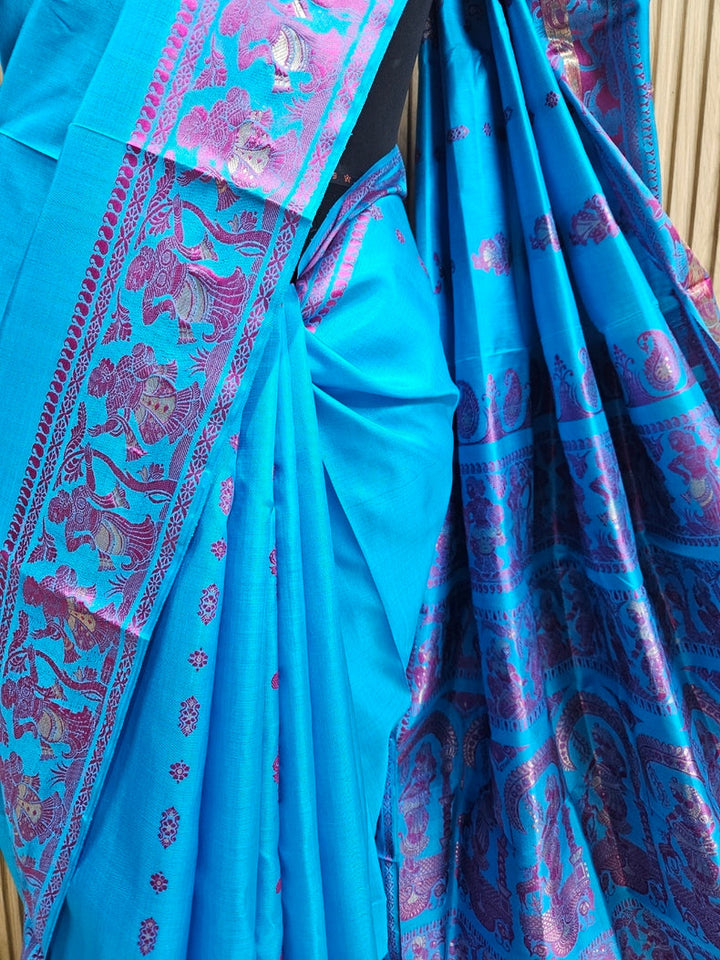 Silk Baluchuri Saree – Pure Bishnupuri Katan Silk in Turquoise Blue & Purple Balaram Saha