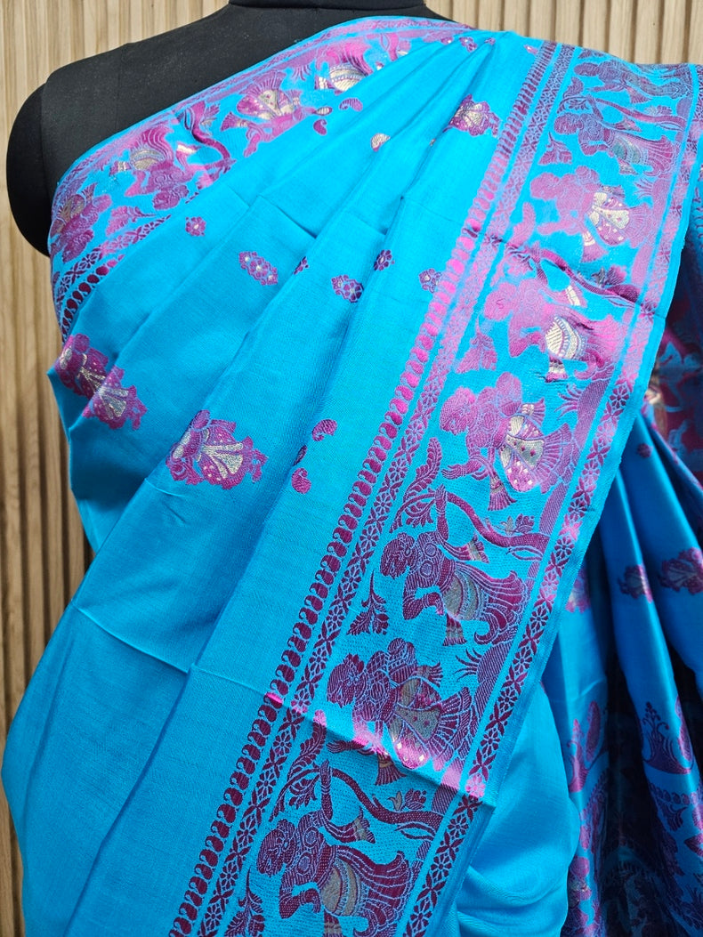 Silk Baluchuri Saree – Pure Bishnupuri Katan Silk in Turquoise Blue & Purple Balaram Saha