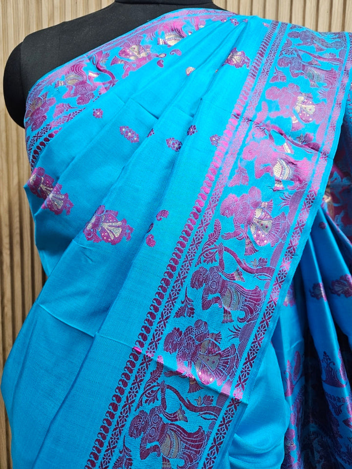 Silk Baluchuri Saree – Pure Bishnupuri Katan Silk in Turquoise Blue & Purple Balaram Saha