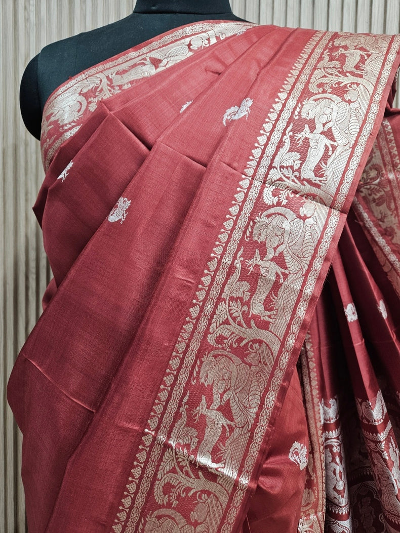 Silk Baluchuri Saree – Pure Bishnupuri Katan Silk in Royal Rust Balaram Saha