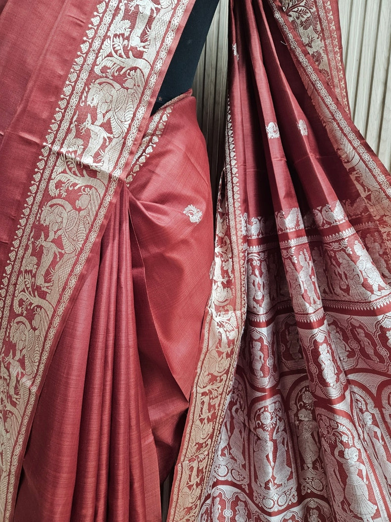 Silk Baluchuri Saree – Pure Bishnupuri Katan Silk in Royal Rust Balaram Saha