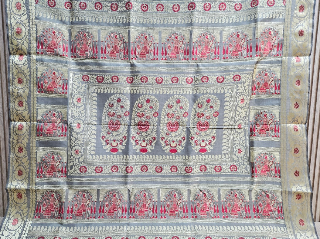 Revival Silk Baluchuri Saree – Pure Bishnupuri Katan Silk in Elegant Dusty-Green Balaram Saha