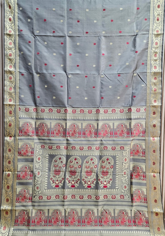 Revival Silk Baluchuri Saree – Pure Bishnupuri Katan Silk in Elegant Dusty-Green Balaram Saha