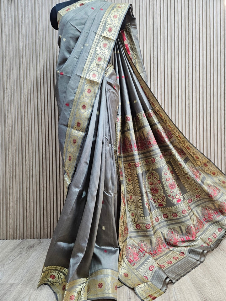 Revival Silk Baluchuri Saree – Pure Bishnupuri Katan Silk in Elegant Dusty-Green Balaram Saha