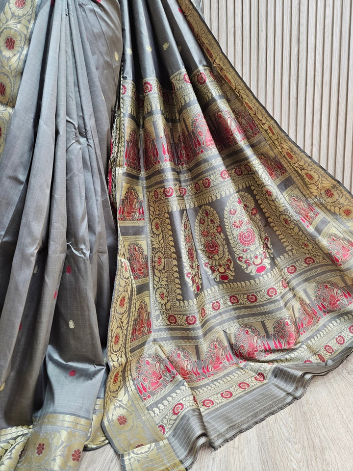 Revival Silk Baluchuri Saree – Pure Bishnupuri Katan Silk in Elegant Dusty-Green Balaram Saha