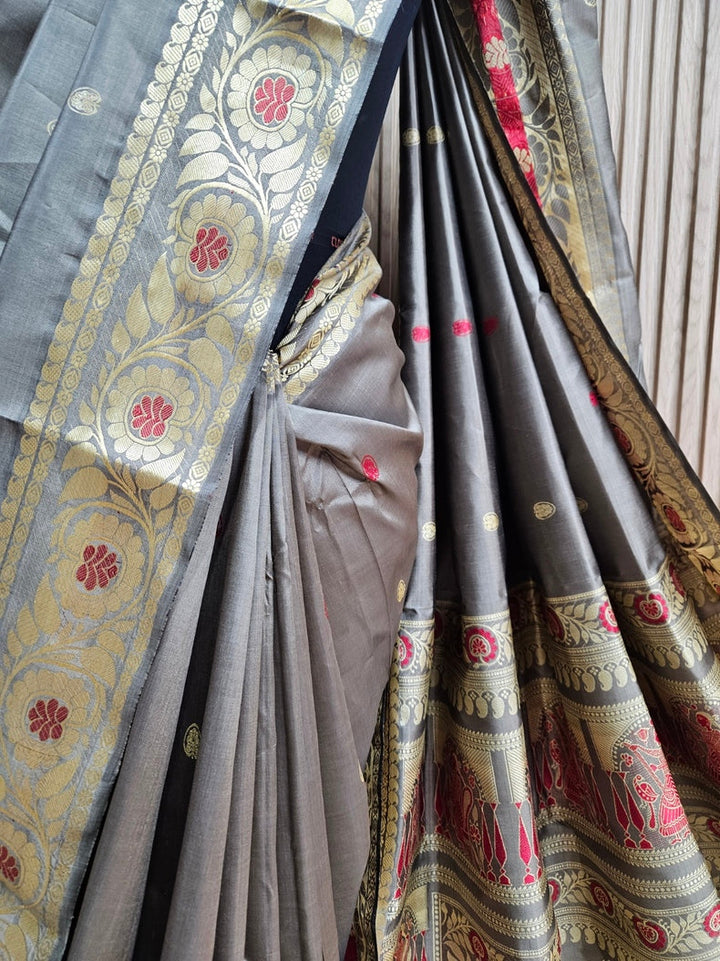 Revival Silk Baluchuri Saree – Pure Bishnupuri Katan Silk in Elegant Dusty-Green Balaram Saha