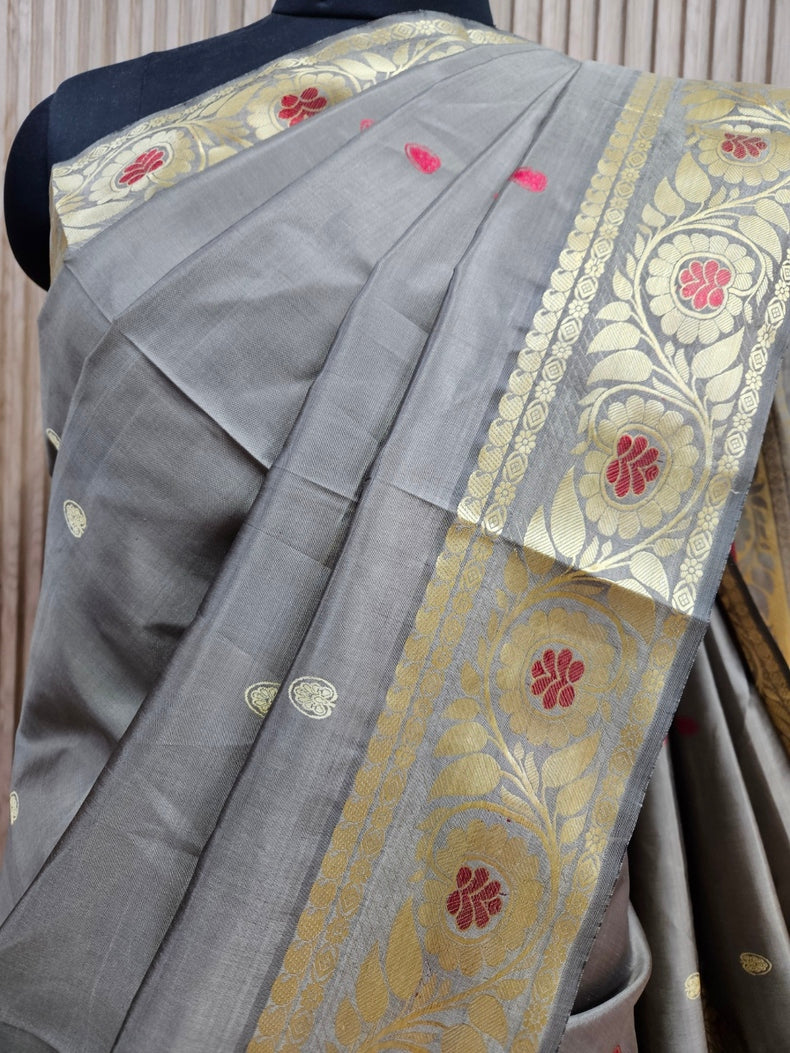 Revival Silk Baluchuri Saree – Pure Bishnupuri Katan Silk in Elegant Dusty-Green Balaram Saha