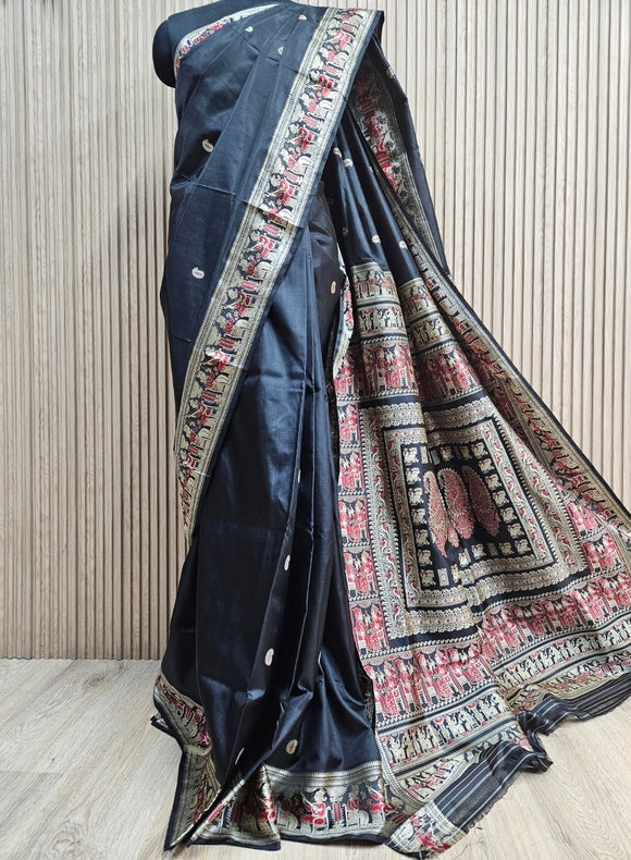 Revival Silk Baluchuri Saree – Pure Bishnupuri Katan Silk in Black Balaram Saha