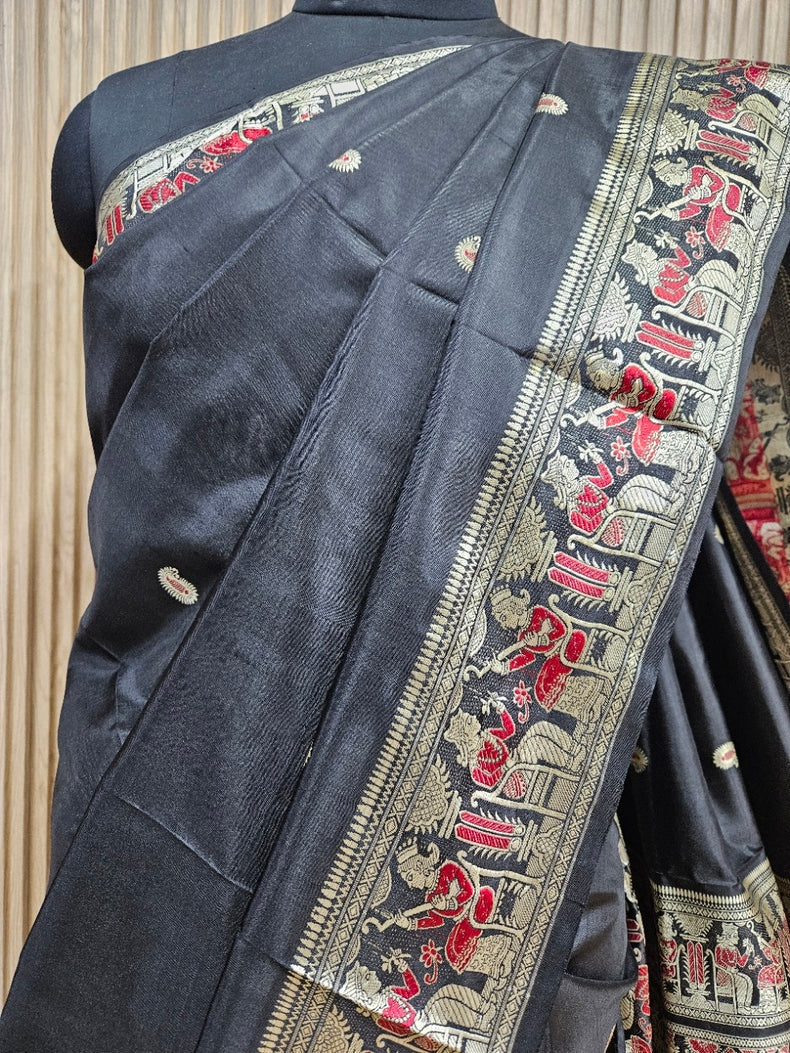 Revival Silk Baluchuri Saree – Pure Bishnupuri Katan Silk in Black Balaram Saha