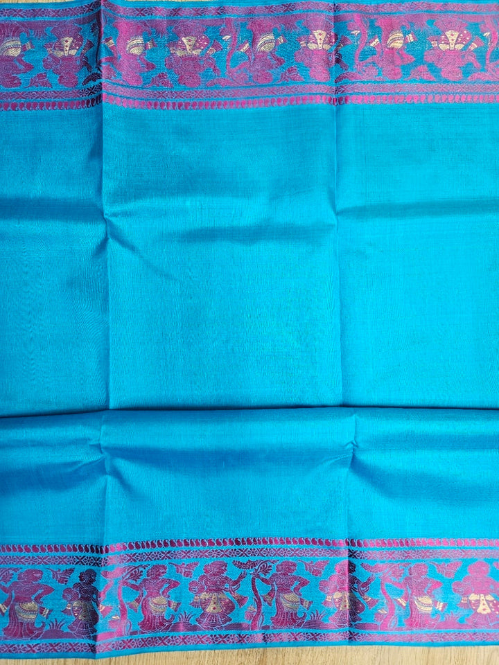 Silk Baluchuri Saree – Pure Bishnupuri Katan Silk in Turquoise Blue & Purple Balaram Saha