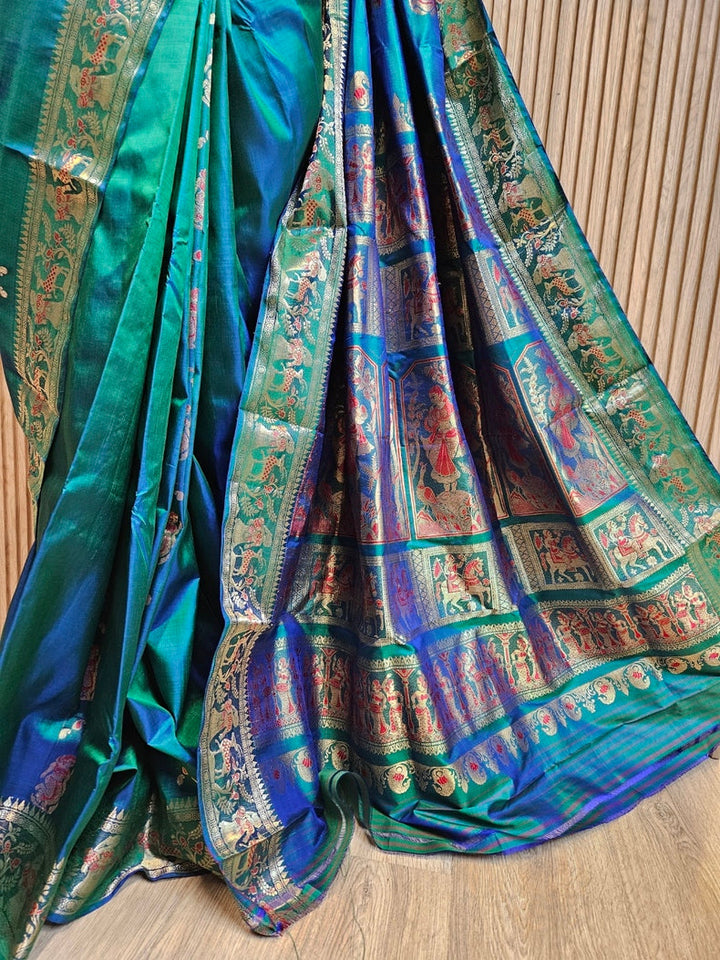 Peacock Blue Handloom Bishnupuri Katan Swarnachari Silk Saree with Zari Work Balaram Saha