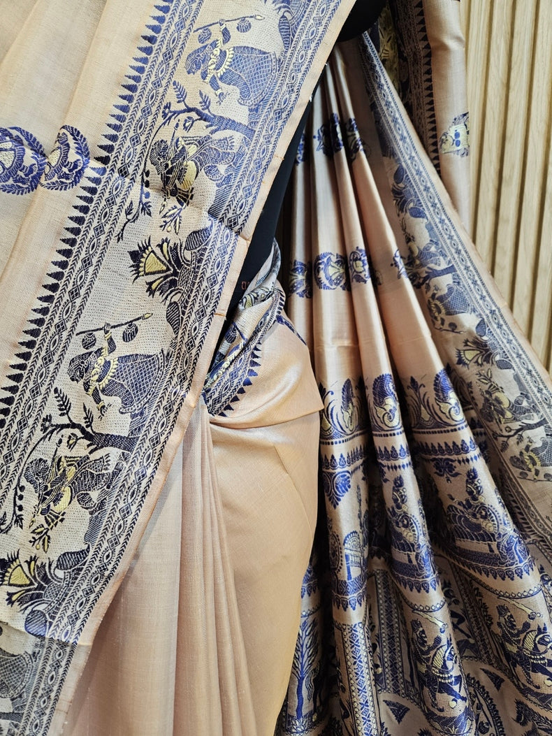 Cream & Blue Handloom Bishnupuri Katan Baluchuri Silk Saree Balaram Saha