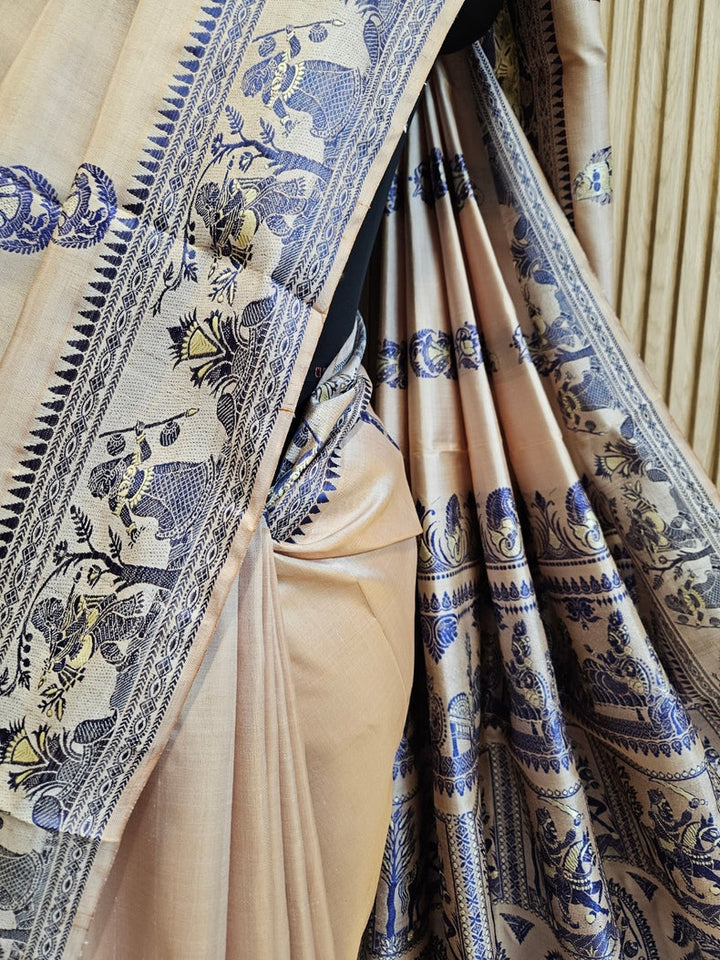 Cream & Blue Handloom Bishnupuri Katan Baluchuri Silk Saree Balaram Saha