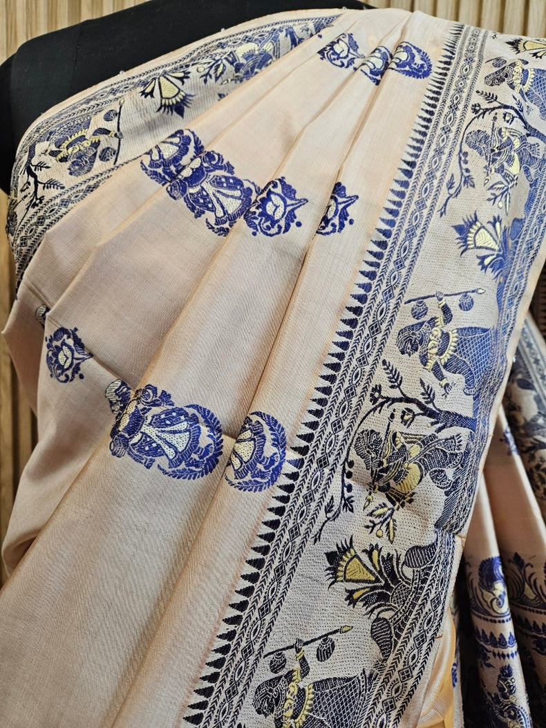 Cream & Blue Handloom Bishnupuri Katan Baluchuri Silk Saree Balaram Saha