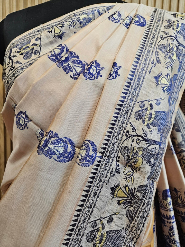 Cream & Blue Handloom Bishnupuri Katan Baluchuri Silk Saree Balaram Saha
