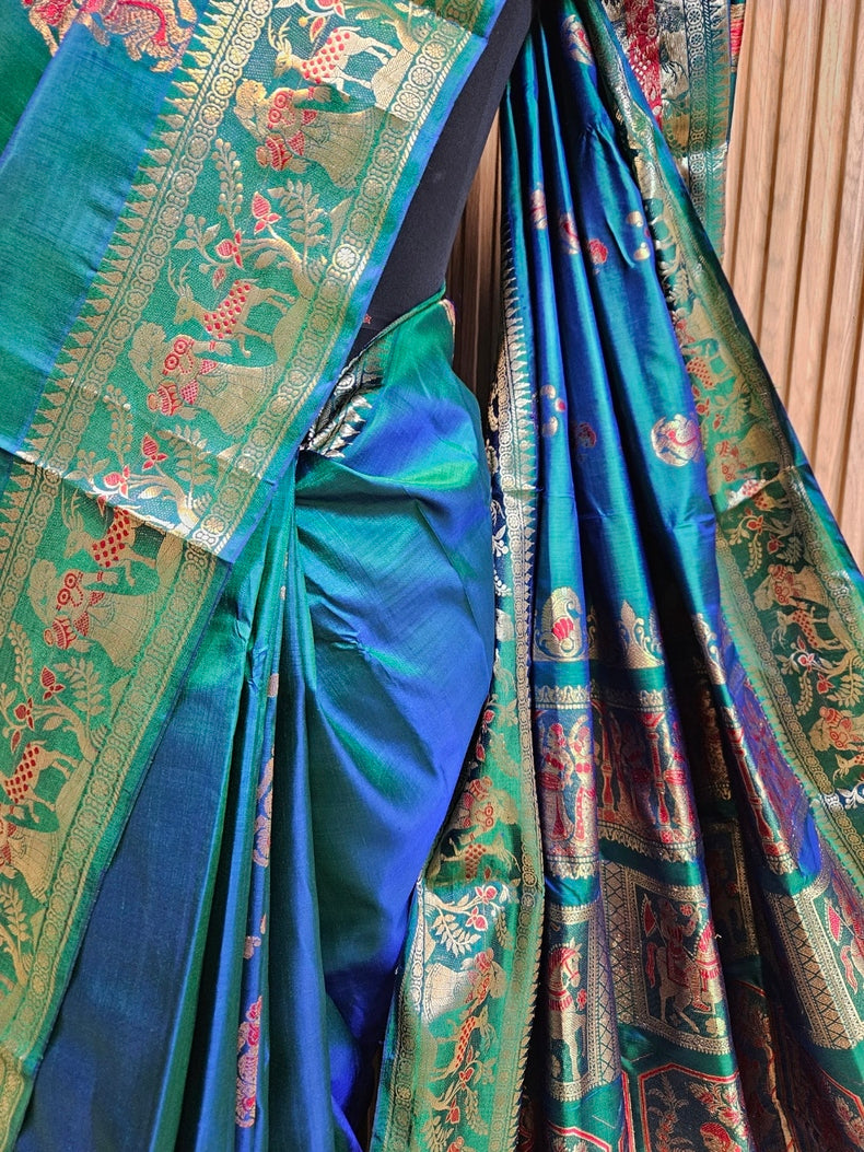 Peacock Blue Handloom Bishnupuri Katan Swarnachari Silk Saree with Zari Work Balaram Saha