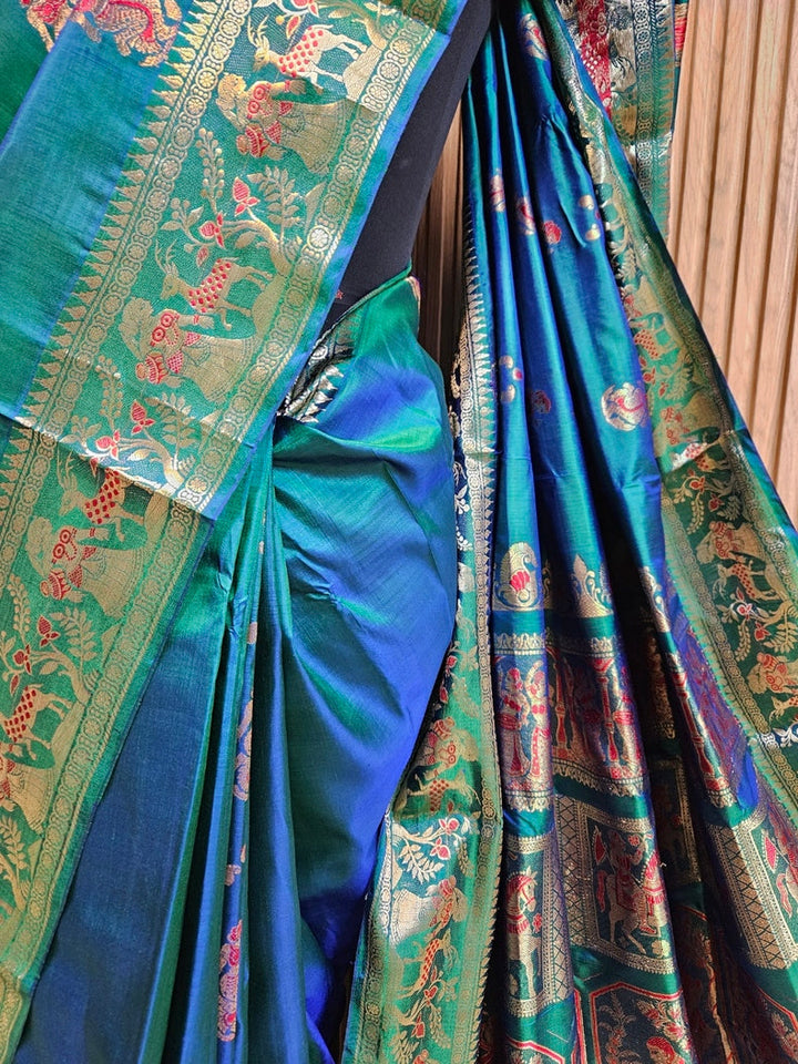 Peacock Blue Handloom Bishnupuri Katan Swarnachari Silk Saree with Zari Work Balaram Saha
