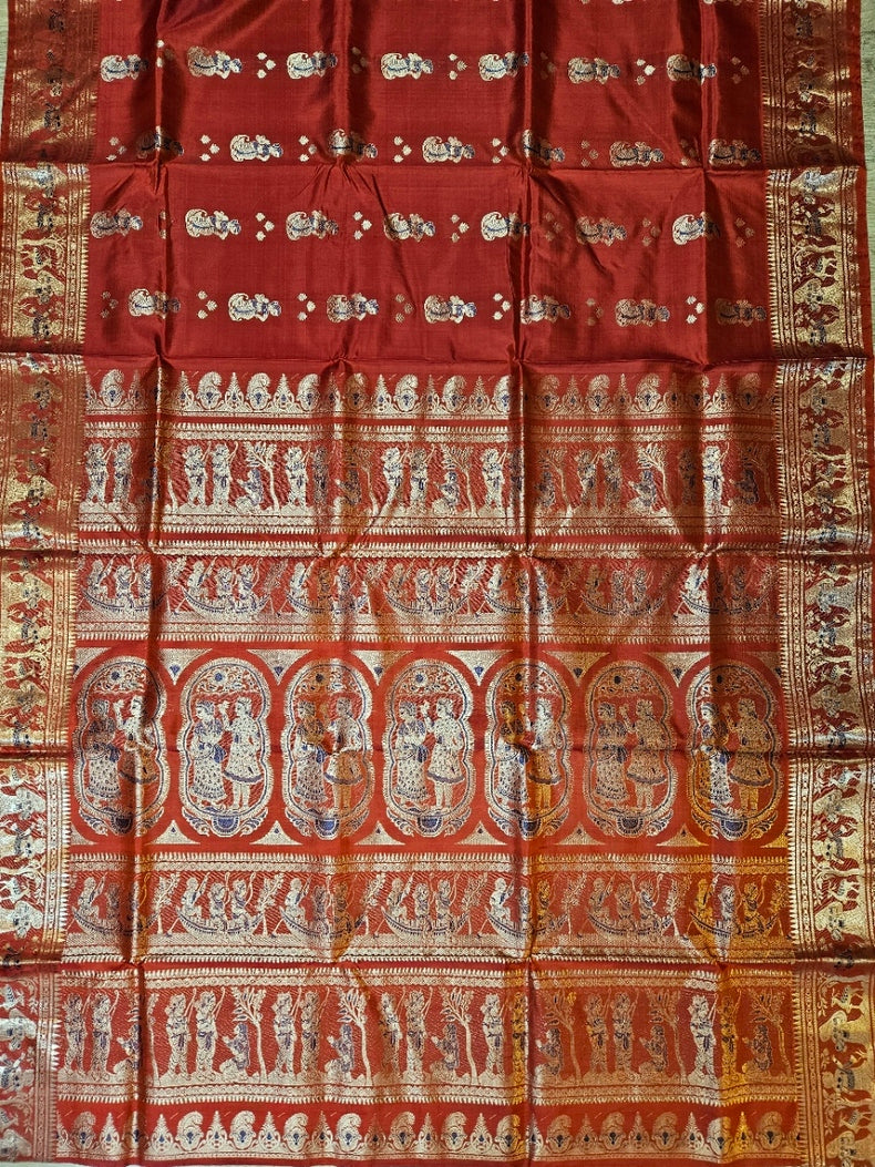Brick Red & Gold Handloom Bishnupuri Katan Swarnachari Silk Saree Balaram Saha