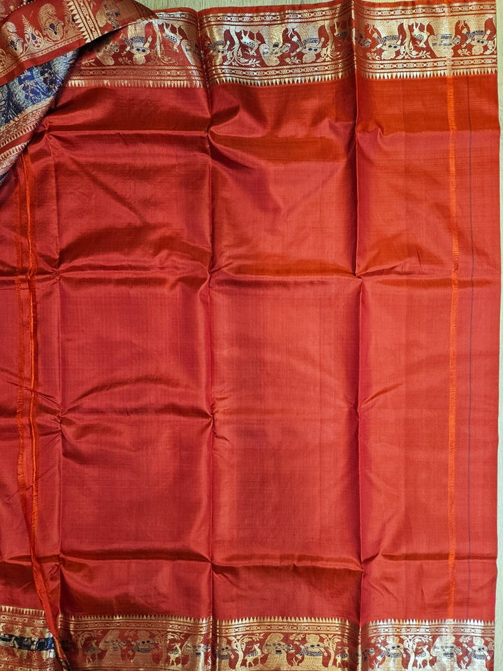 Brick Red & Gold Handloom Bishnupuri Katan Swarnachari Silk Saree Balaram Saha