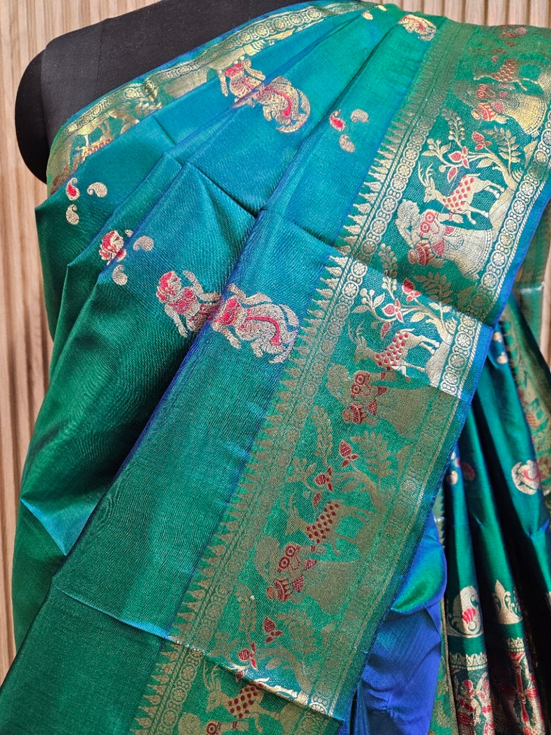 Peacock Blue Handloom Bishnupuri Katan Swarnachari Silk Saree with Zari Work Balaram Saha