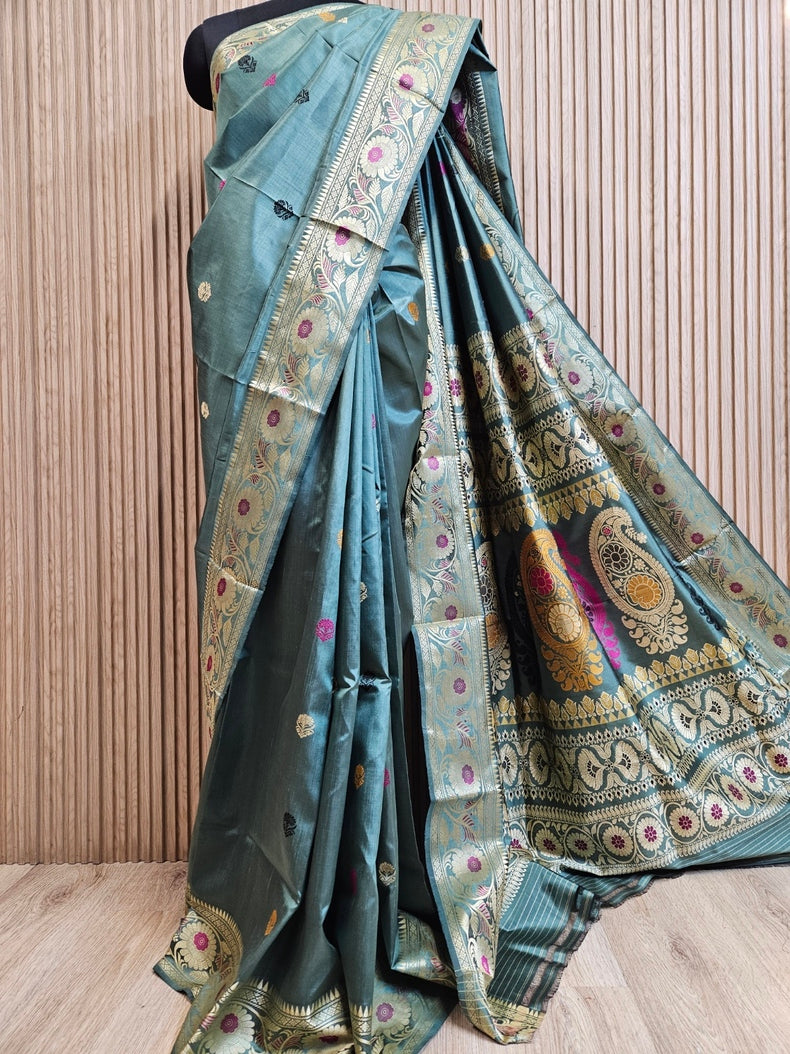 Green & Multi Color Handloom Pure Katan Revival Silk Baluchuri Saree Balaram Saha